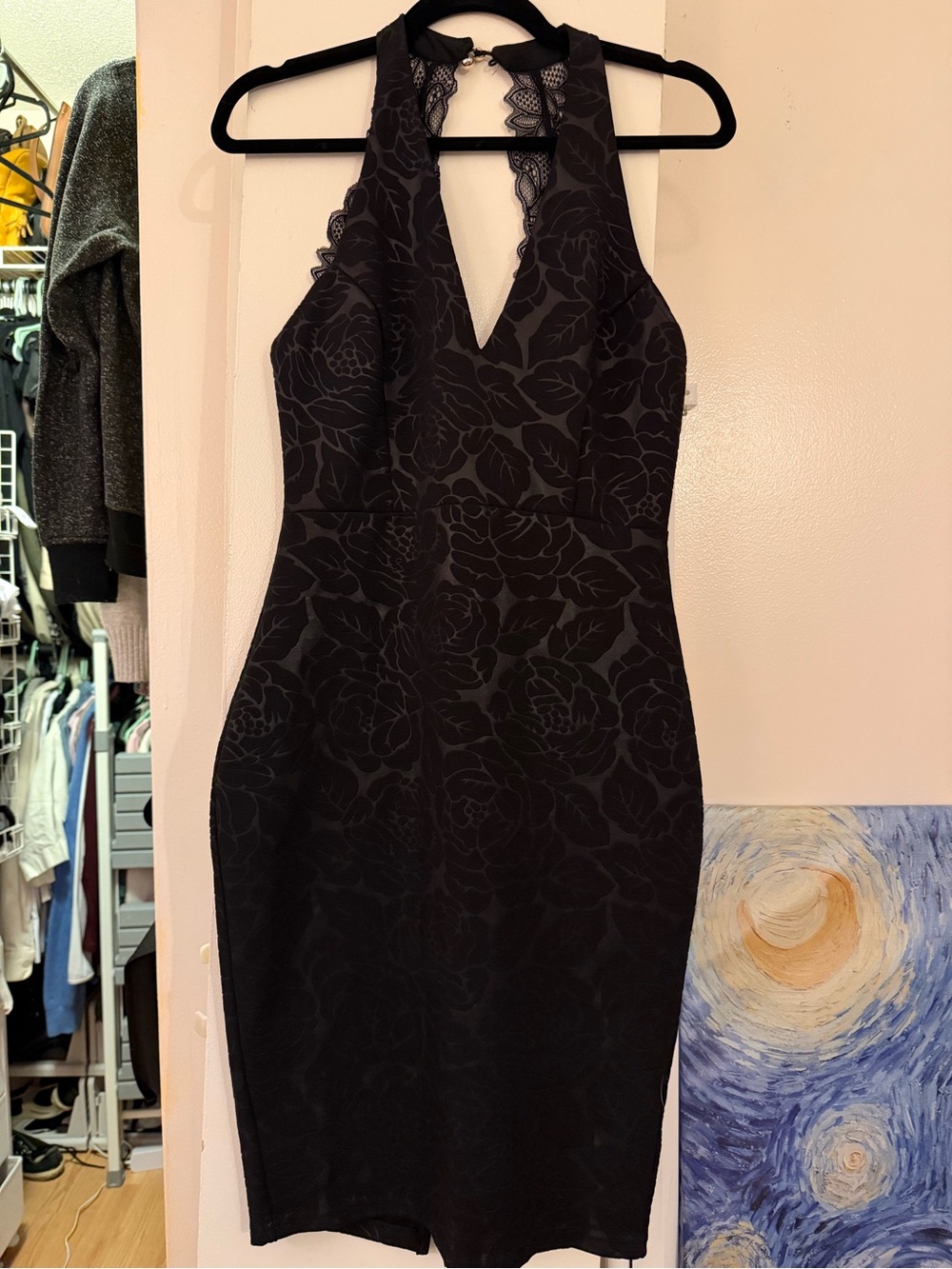 privy Black Floral Jacquard One-Shoulder Lace-Trim Bodycon Dress